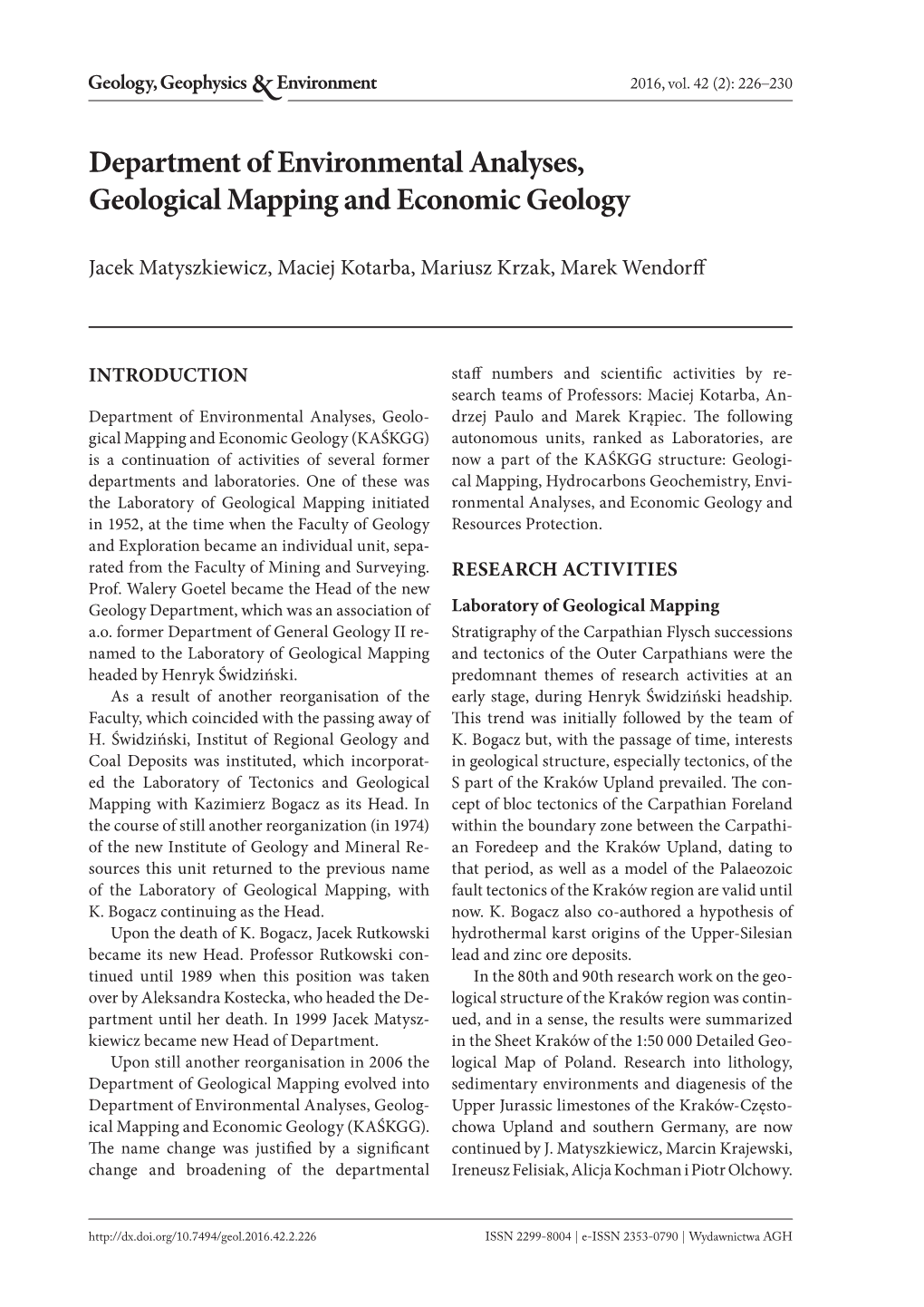 Department of Environmental Analyses, Geological Mapping and Economic Geology