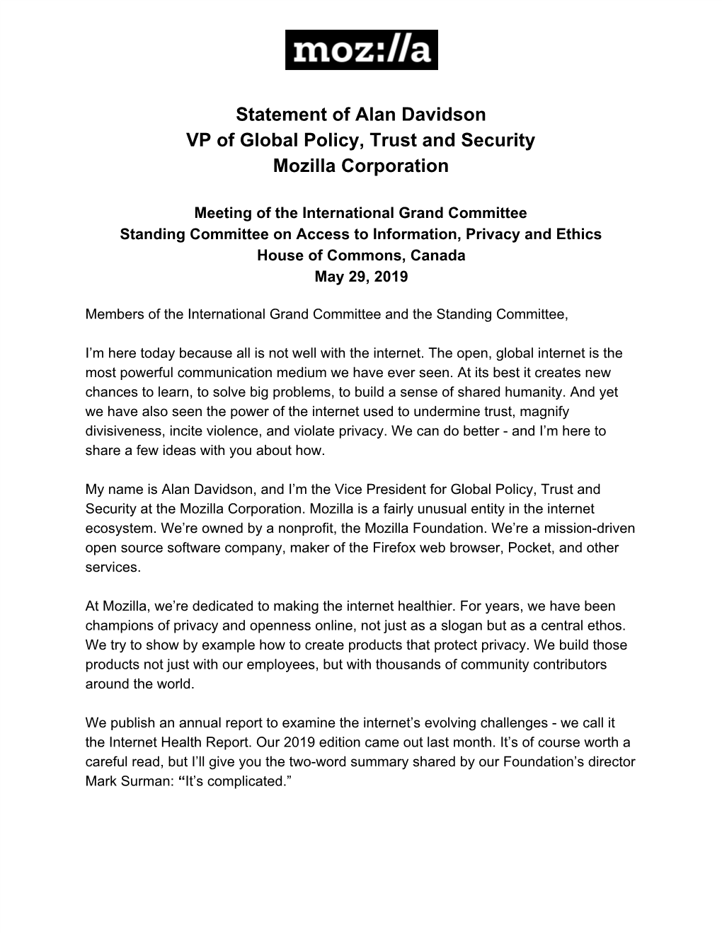 Statement of Alan Davidson VP of Global Policy, Trust and Security Mozilla Corporation