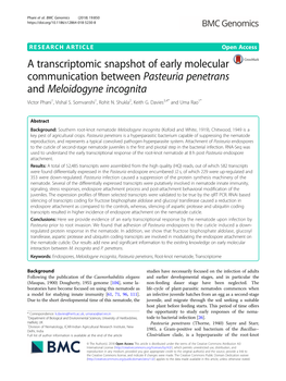 A Transcriptomic Snapshot of Early Molecular Communication Between Pasteuria Penetrans and Meloidogyne Incognita Victor Phani1, Vishal S