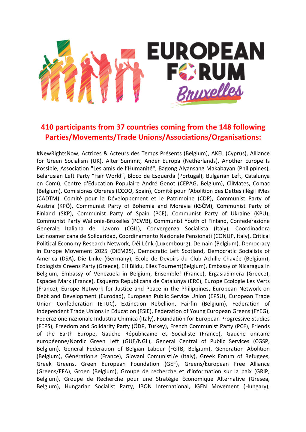 410 Participants from 37 Countries Coming from the 148 Following Parties/Movements/Trade Unions/Associations/Organisations
