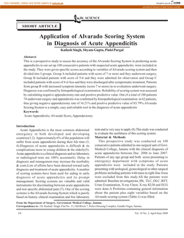 Application of Alvarado Scoring System in Diagnosis of Acute Appendicitis Kailash Singh, Shyam Gupta, Pinki Pargal