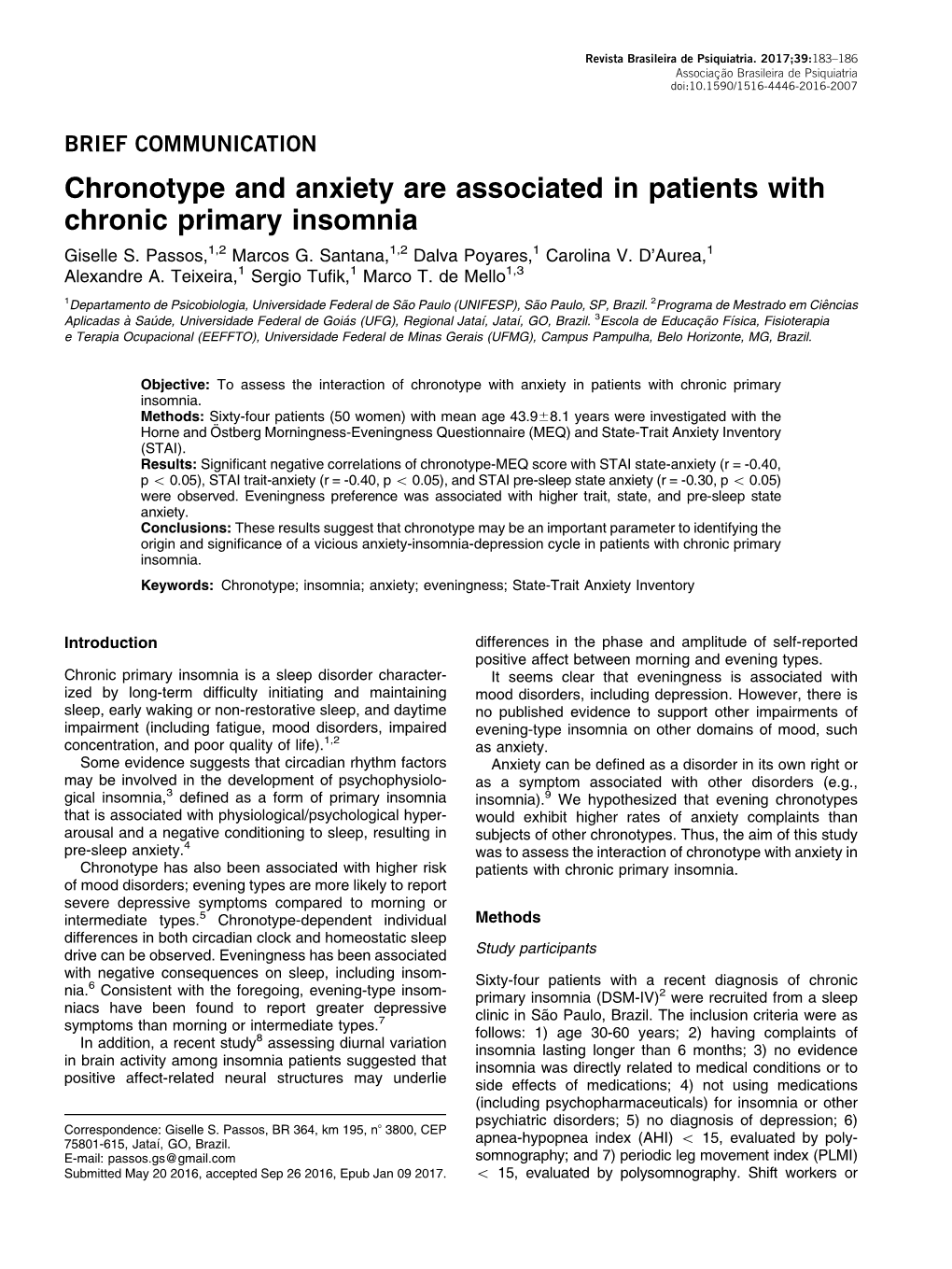 Chronotype and Anxiety Are Associated in Patients with Chronic Primary Insomnia Giselle S