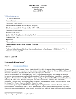 Table of Contents Our Maxson Ancestors