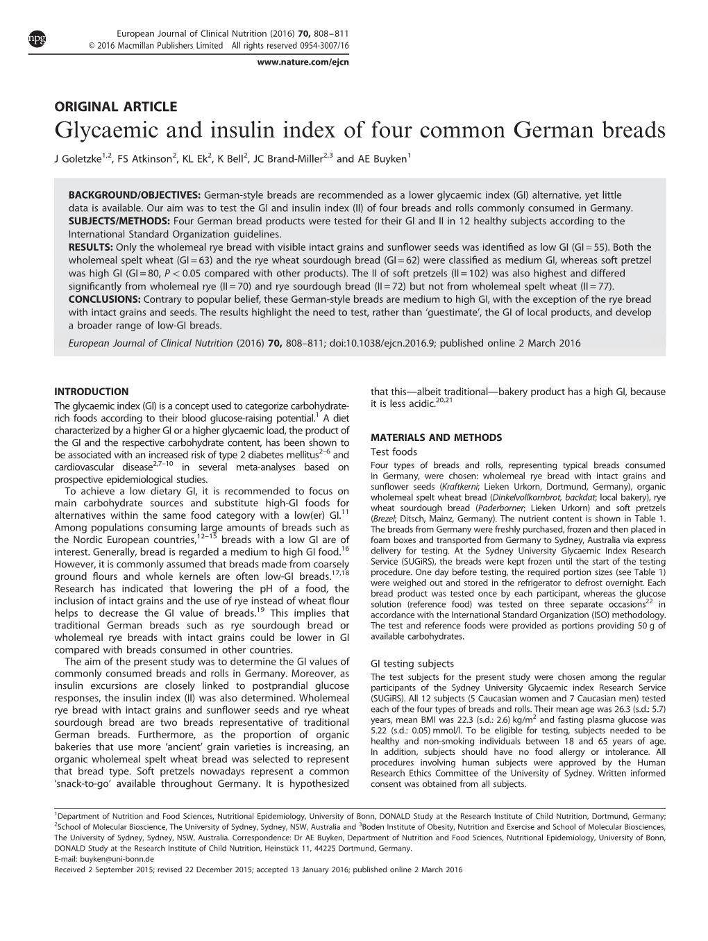 Glycaemic and Insulin Index of Four Common German Breads