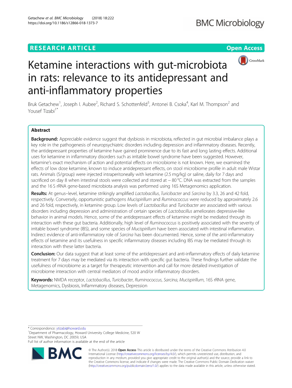 Ketamine Interactions with Gut-Microbiota in Rats: Relevance to Its Antidepressant and Anti-Inflammatory Properties Bruk Getachew1, Joseph I