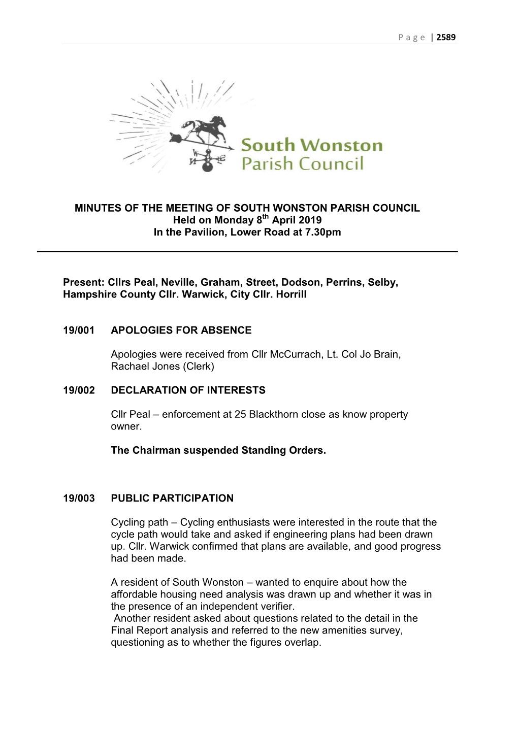 MINUTES of the MEETING of SOUTH WONSTON PARISH COUNCIL Held on Monday 8Th April 2019 in the Pavilion, Lower Road at 7.30Pm