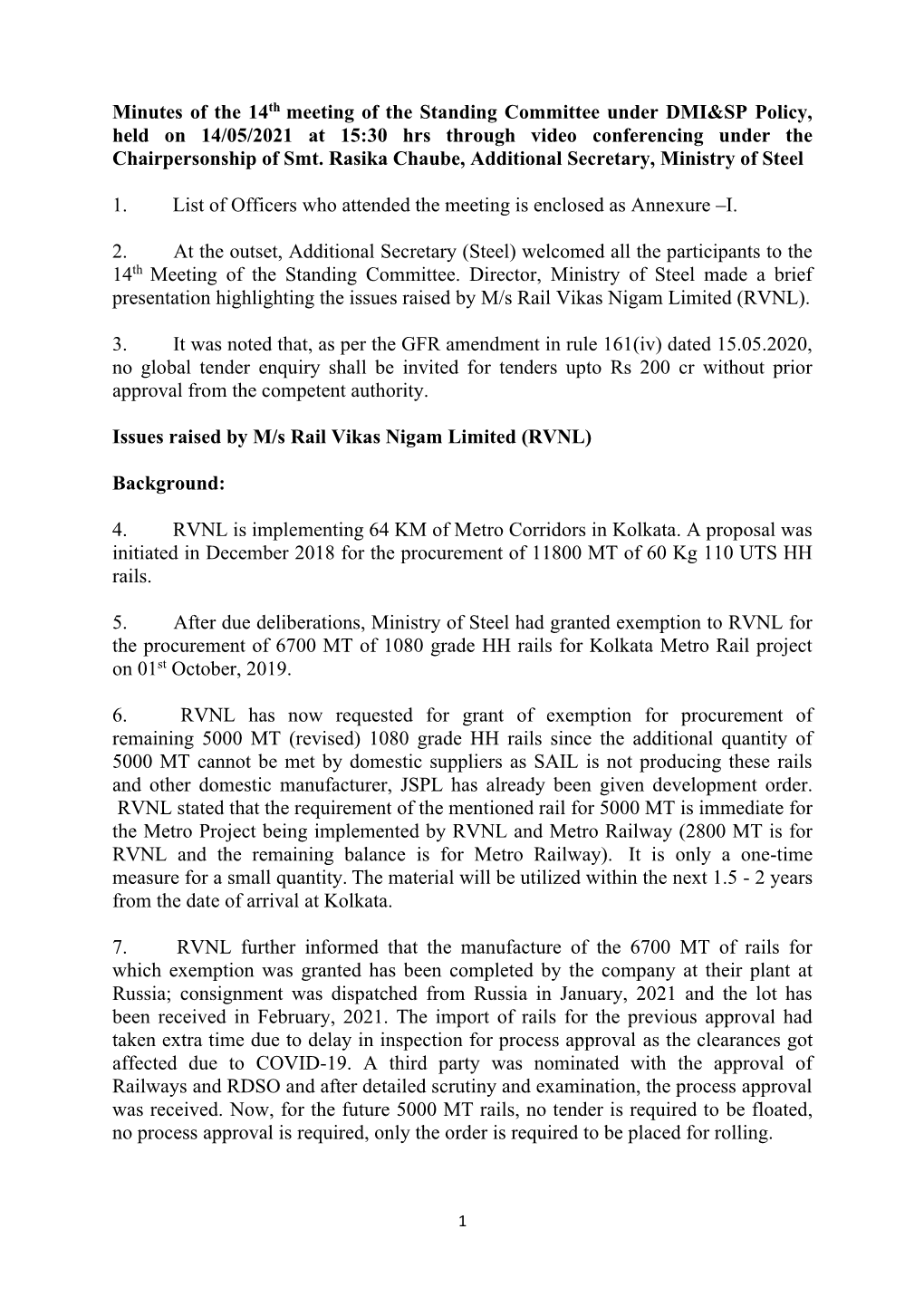 Minutes of the 14Th Meeting of the Standing Committee Under DMI&SP