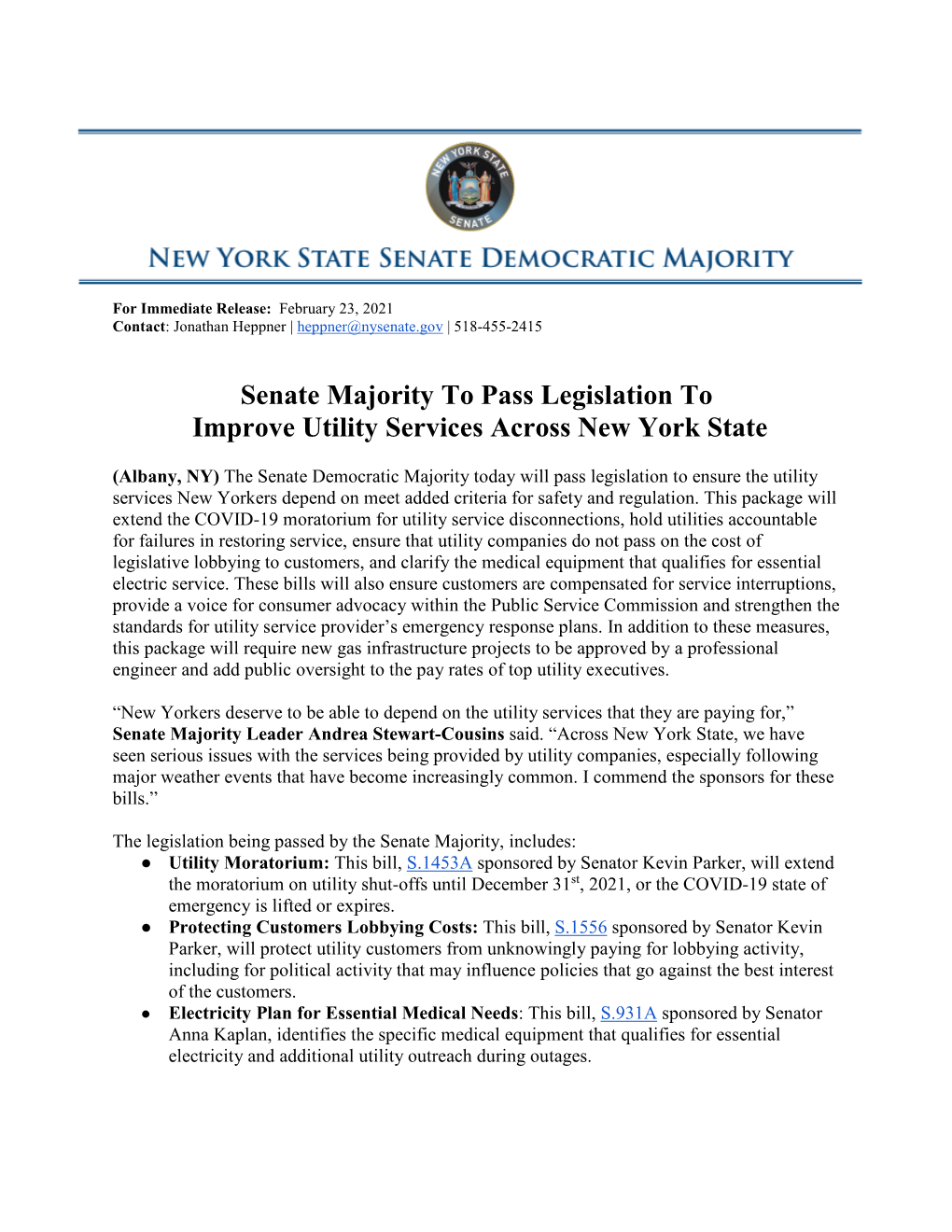 Senate Majority to Pass Legislation to Improve Utility Services Across New York State