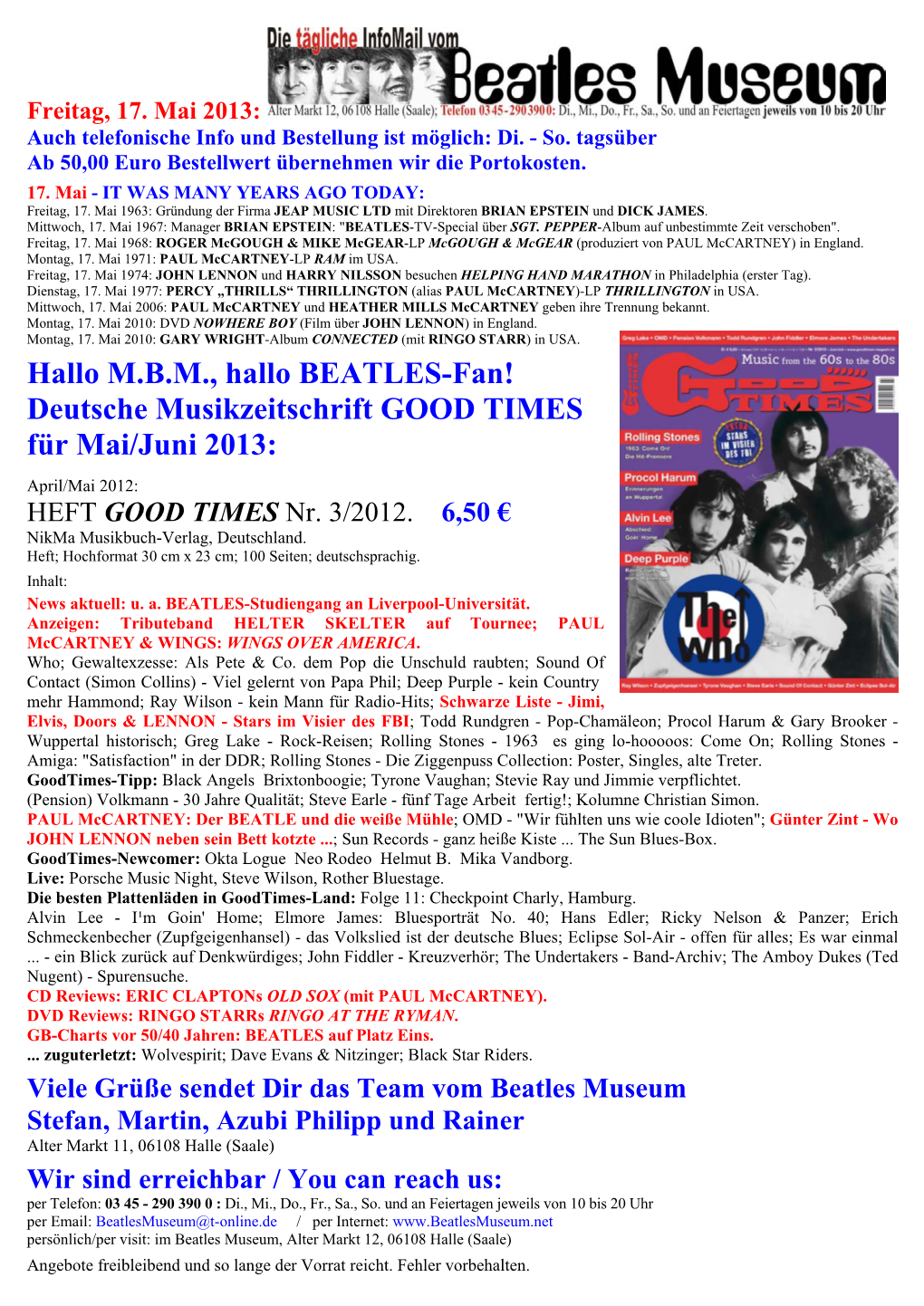 Hallo M.B.M., Hallo BEATLES-Fan! Deutsche Musikzeitschrift GOOD TIMES Für Mai/Juni 2013