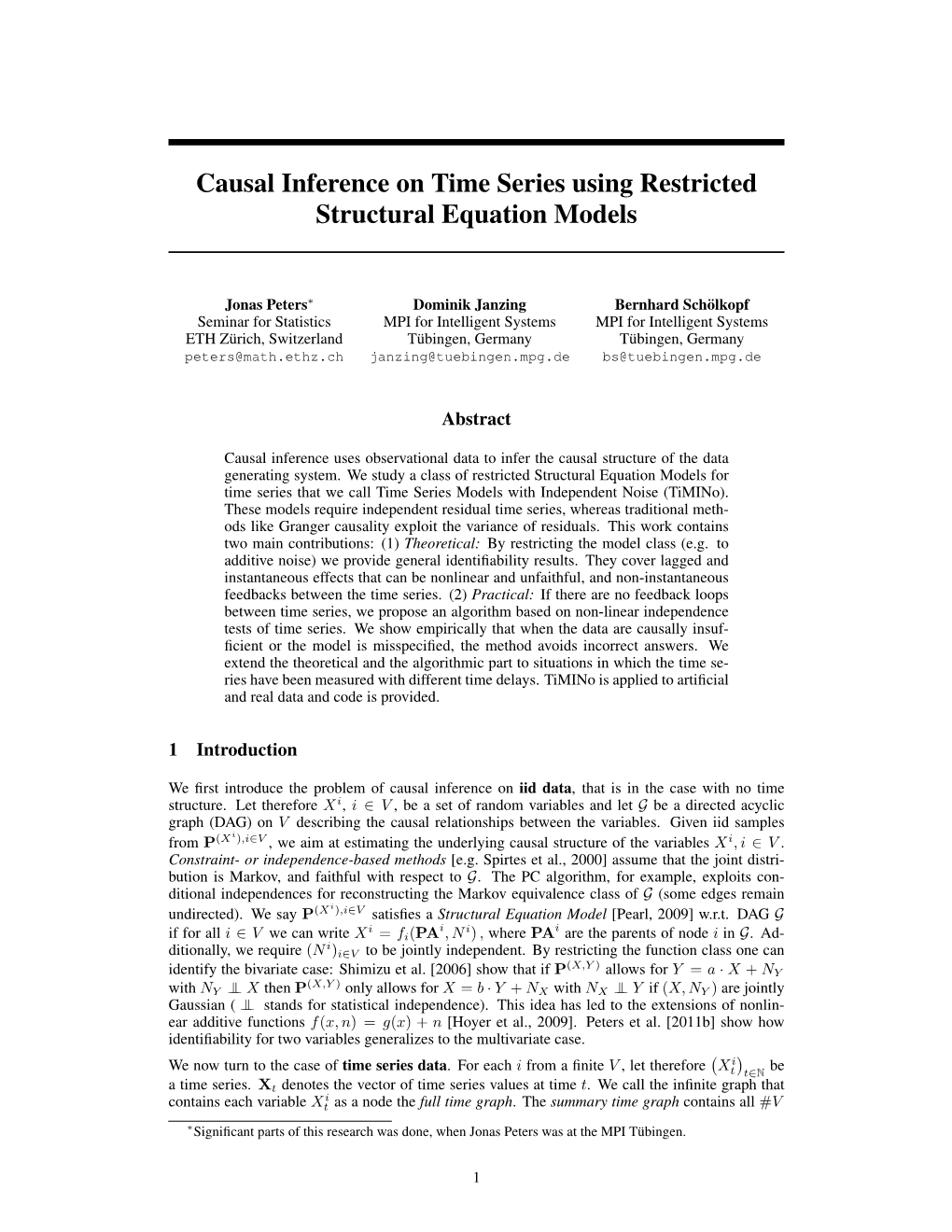 Causal Inference on Time Series Using Restricted Structural Equation Models