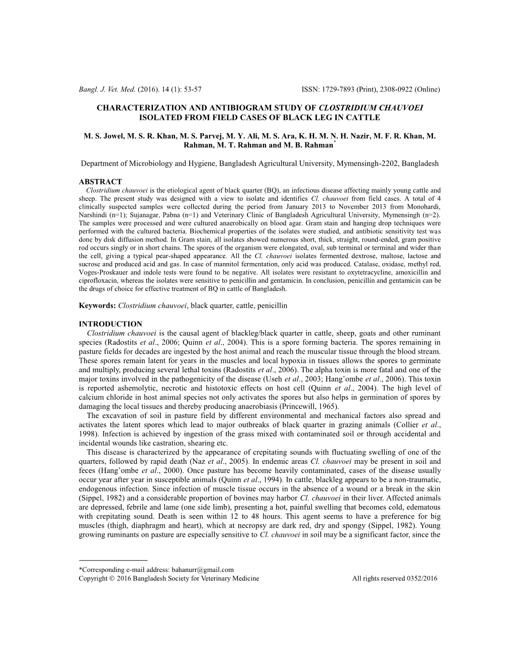 Characterization and Antibiogram Study of Clostridium Chauvoei Isolated from Field Cases of Black Leg in Cattle