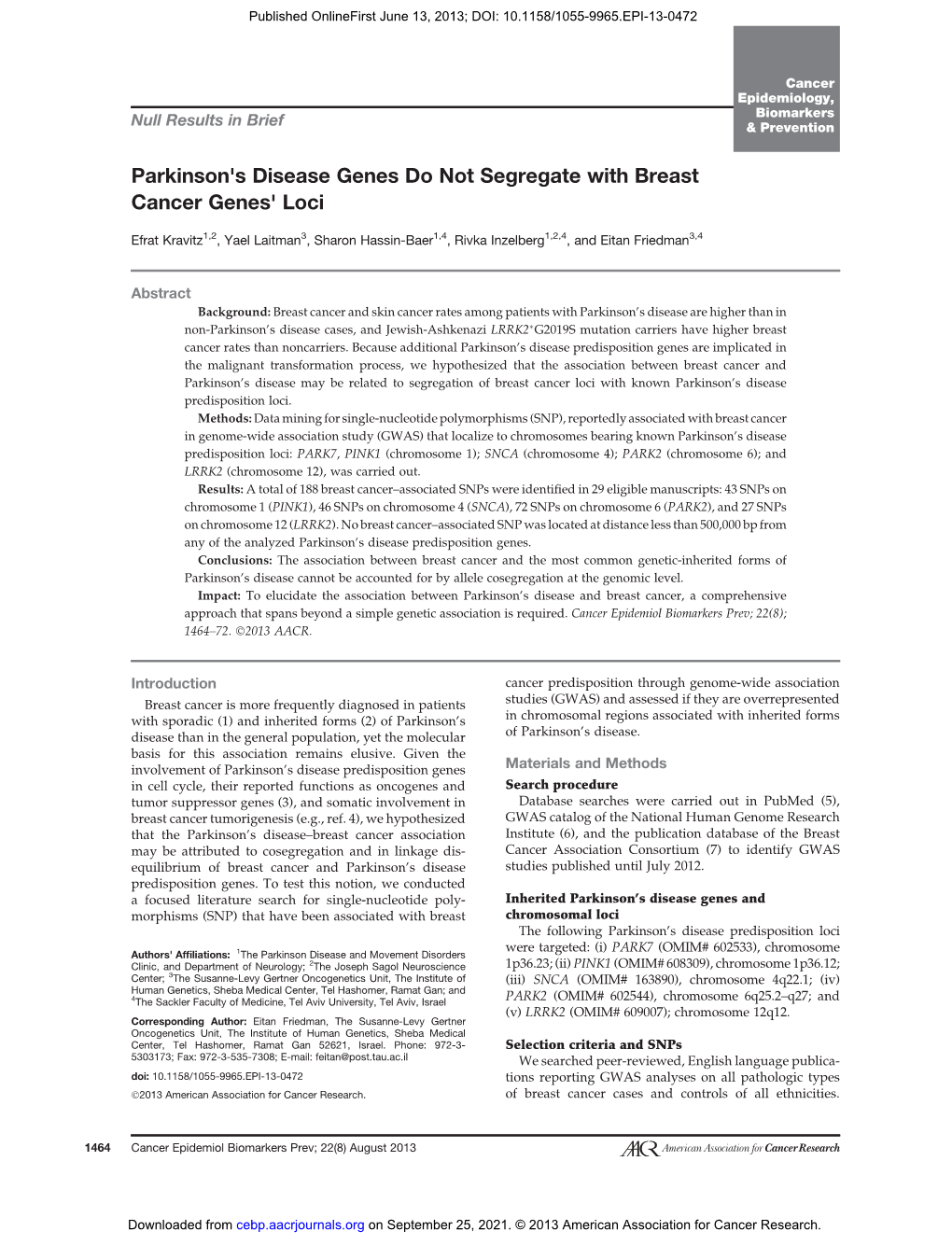 Parkinson's Disease Genes Do Not Segregate with Breast Cancer Genes' Loci