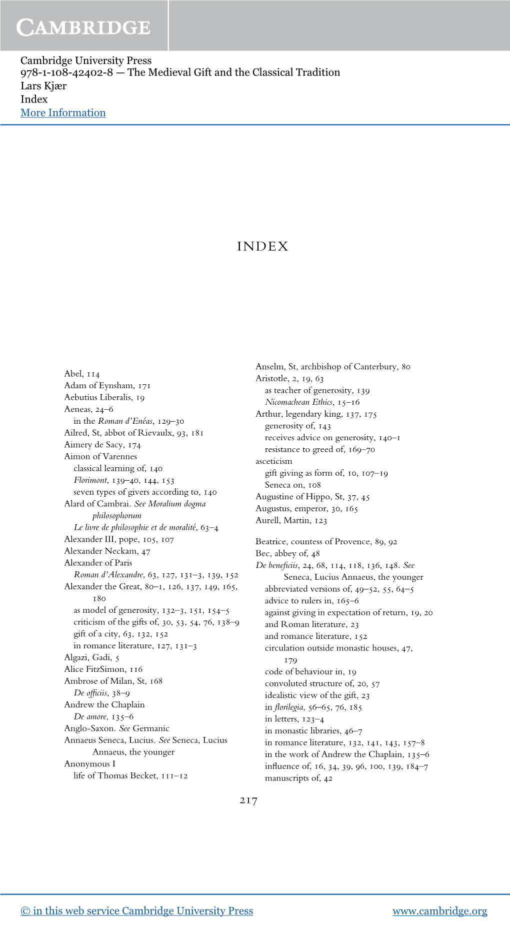 Cambridge University Press 978-1-108-42402-8 — the Medieval Gift and the Classical Tradition Lars Kjær Index More Information