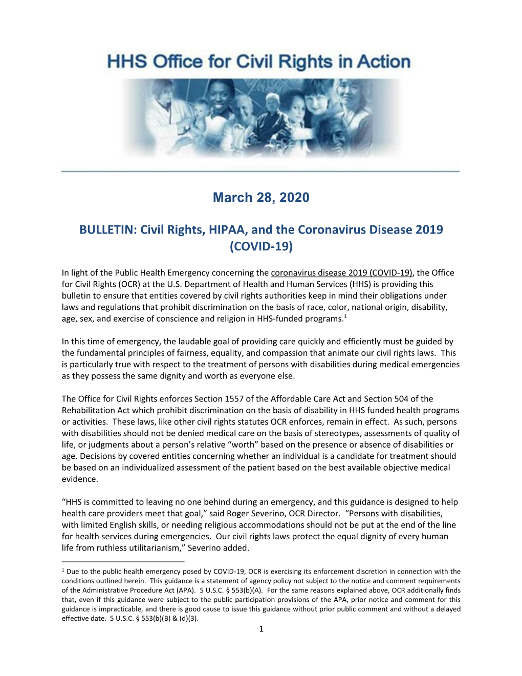 OCR Bulletin: Civil Rights, HIPAA, and the Coronavirus Disease 2019