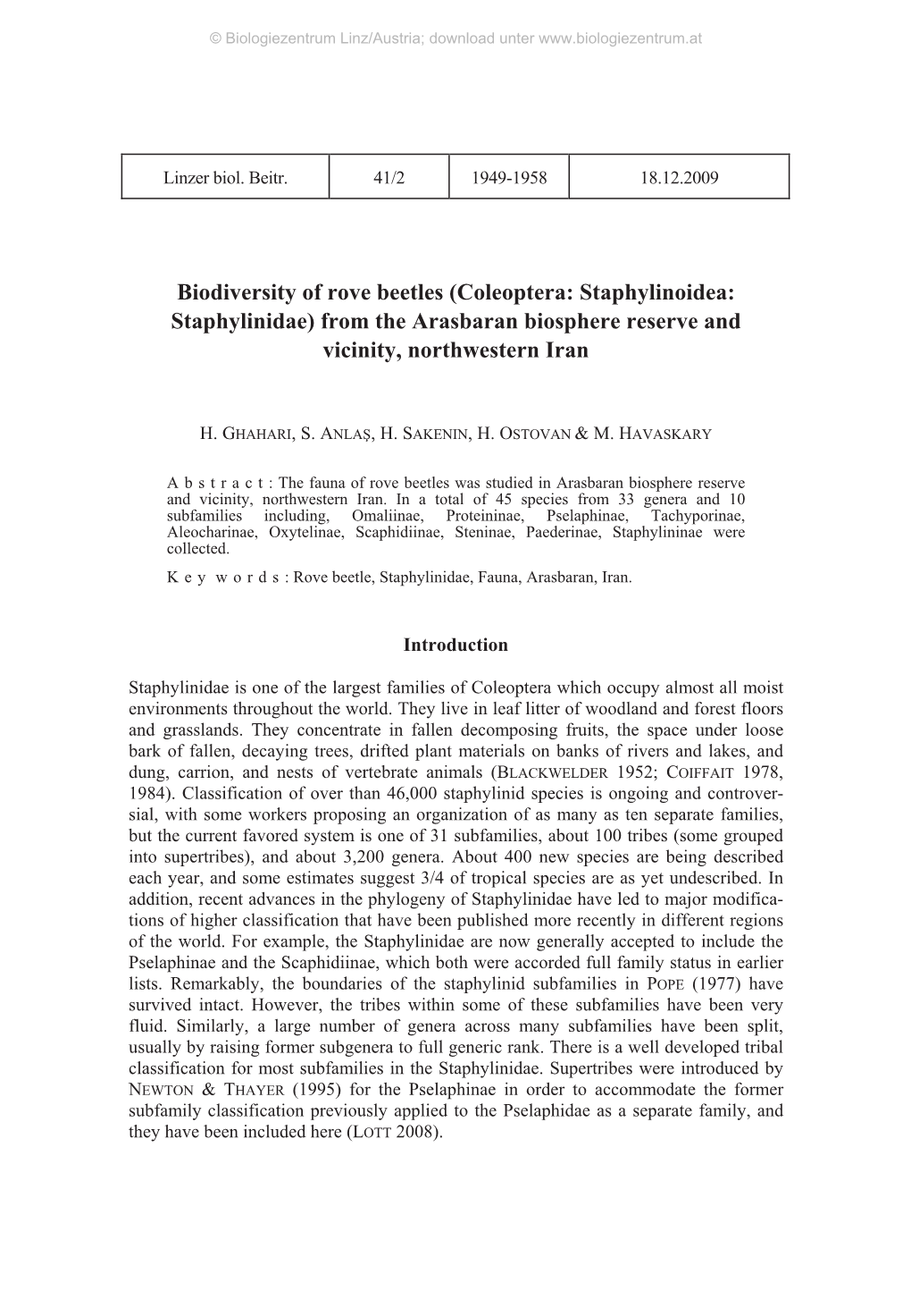 Coleoptera: Staphylinoidea: Staphylinidae) from the Arasbaran Biosphere Reserve and Vicinity, Northwestern Iran