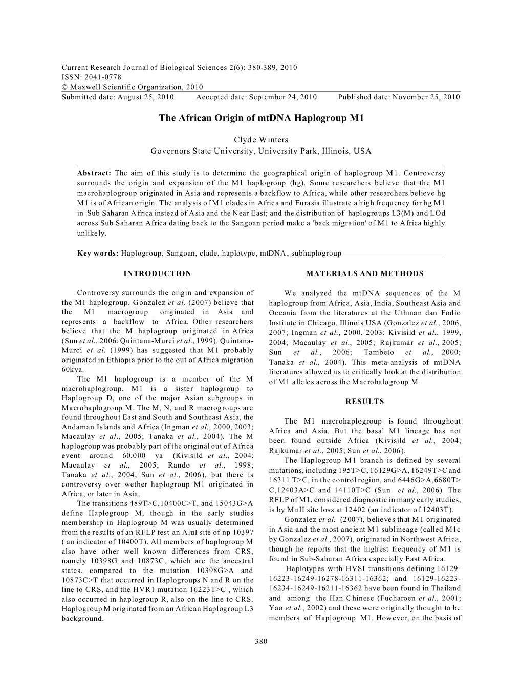 The African Origin of Mtdna Haplogroup M1