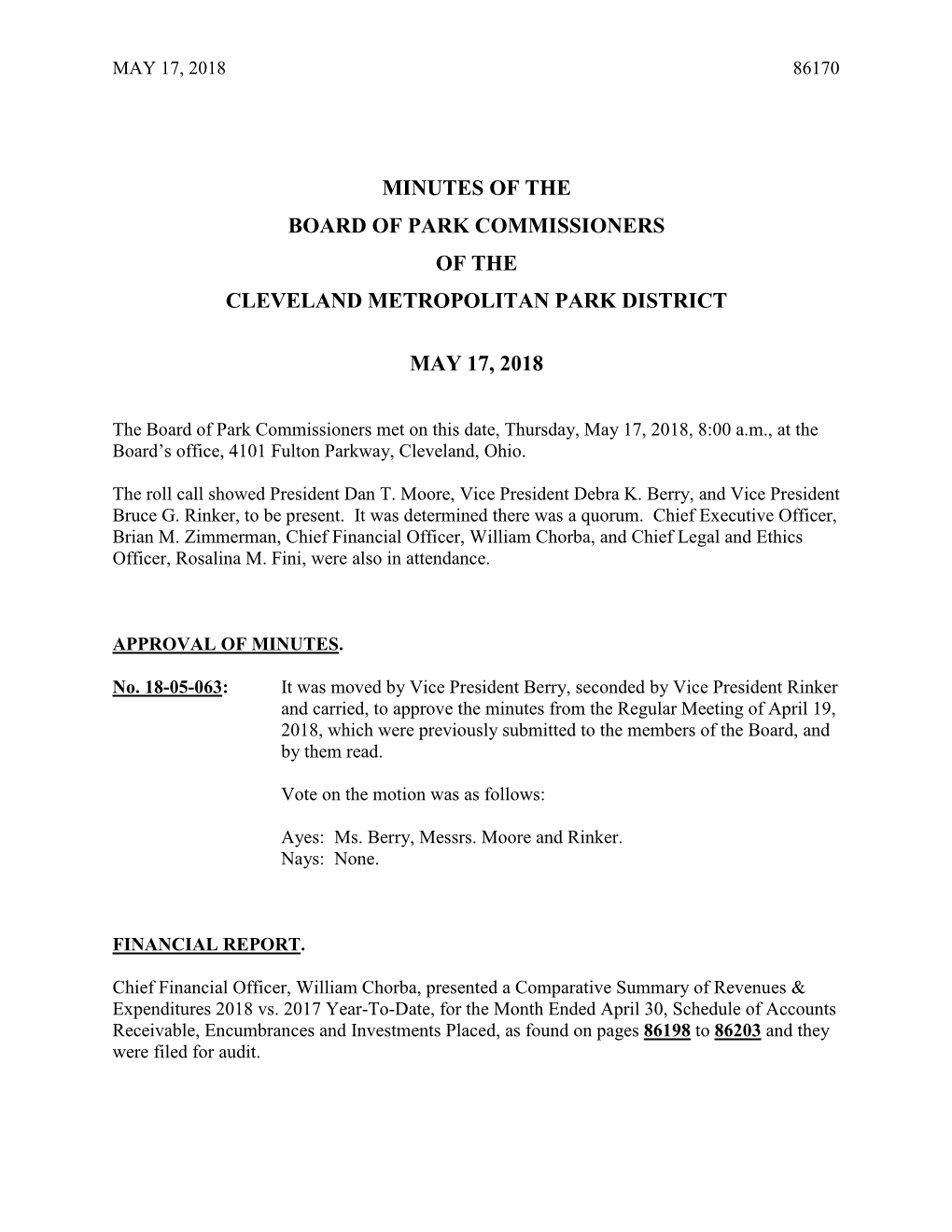 Minutes of the Board of Park Commissioners of the Cleveland Metropolitan Park District