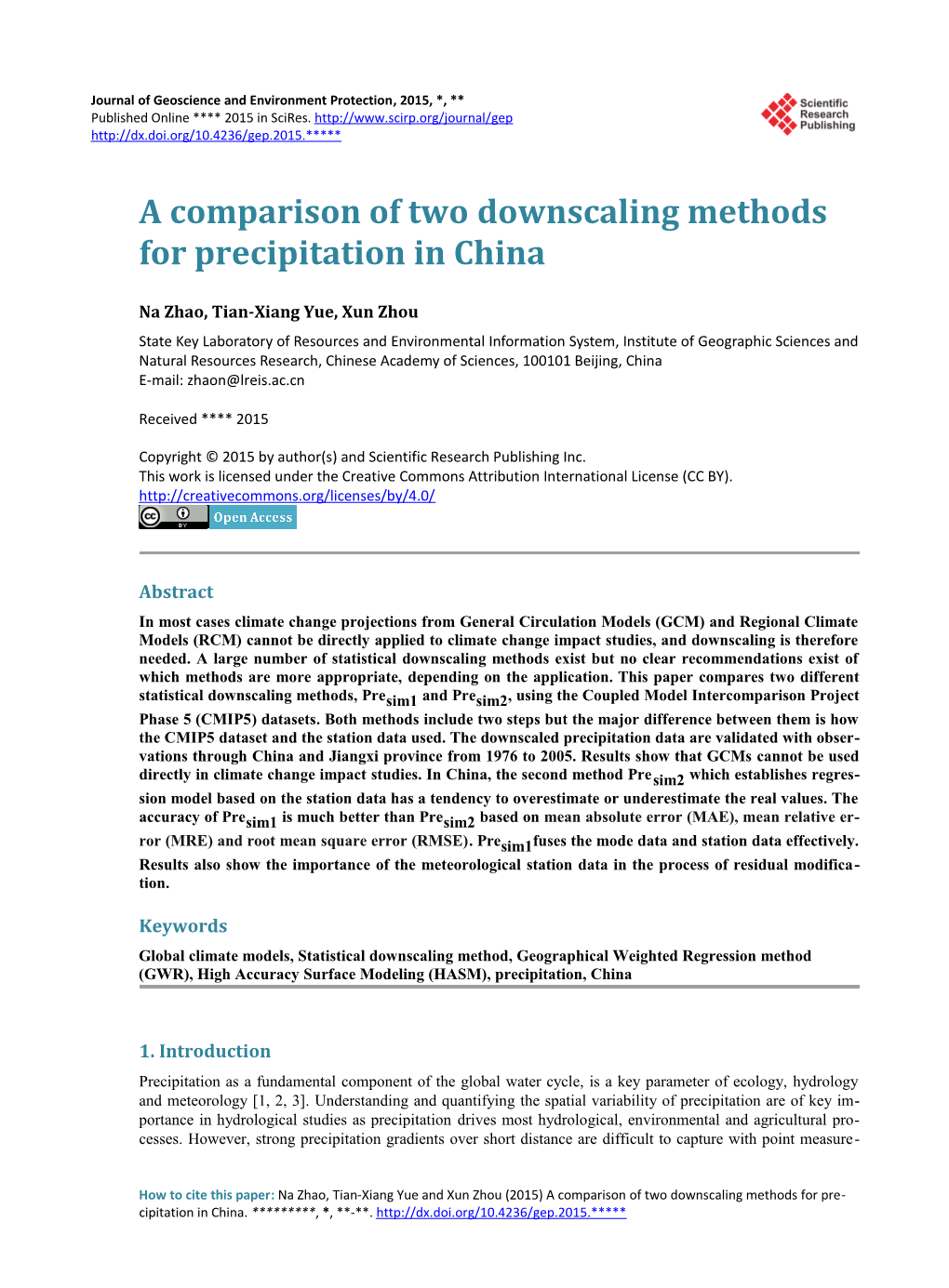 A Comparison of Two Downscaling Methods for Precipitation in China