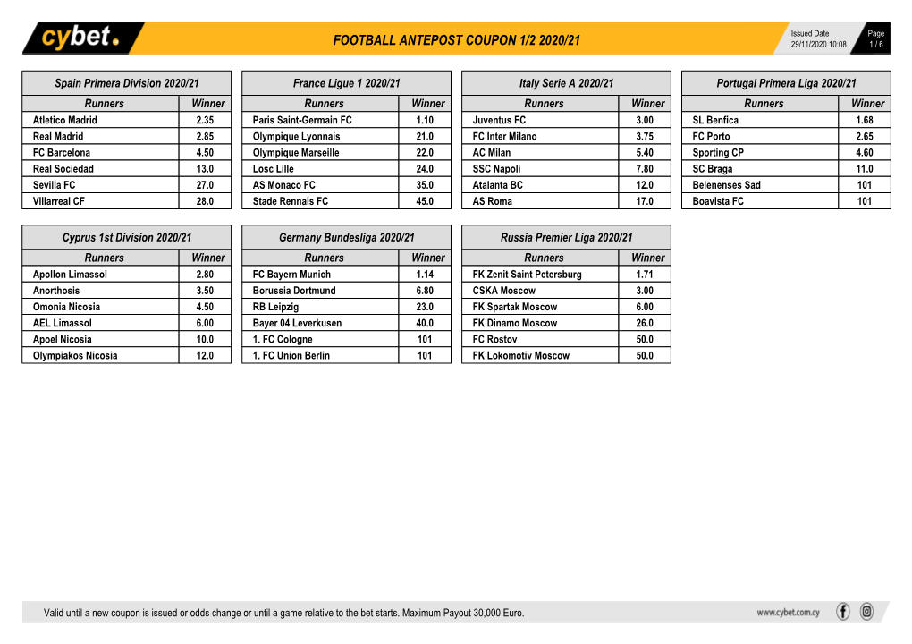 Football Antepost Coupon 1/2 2020/21 29/11/2020 10:08 1 / 6