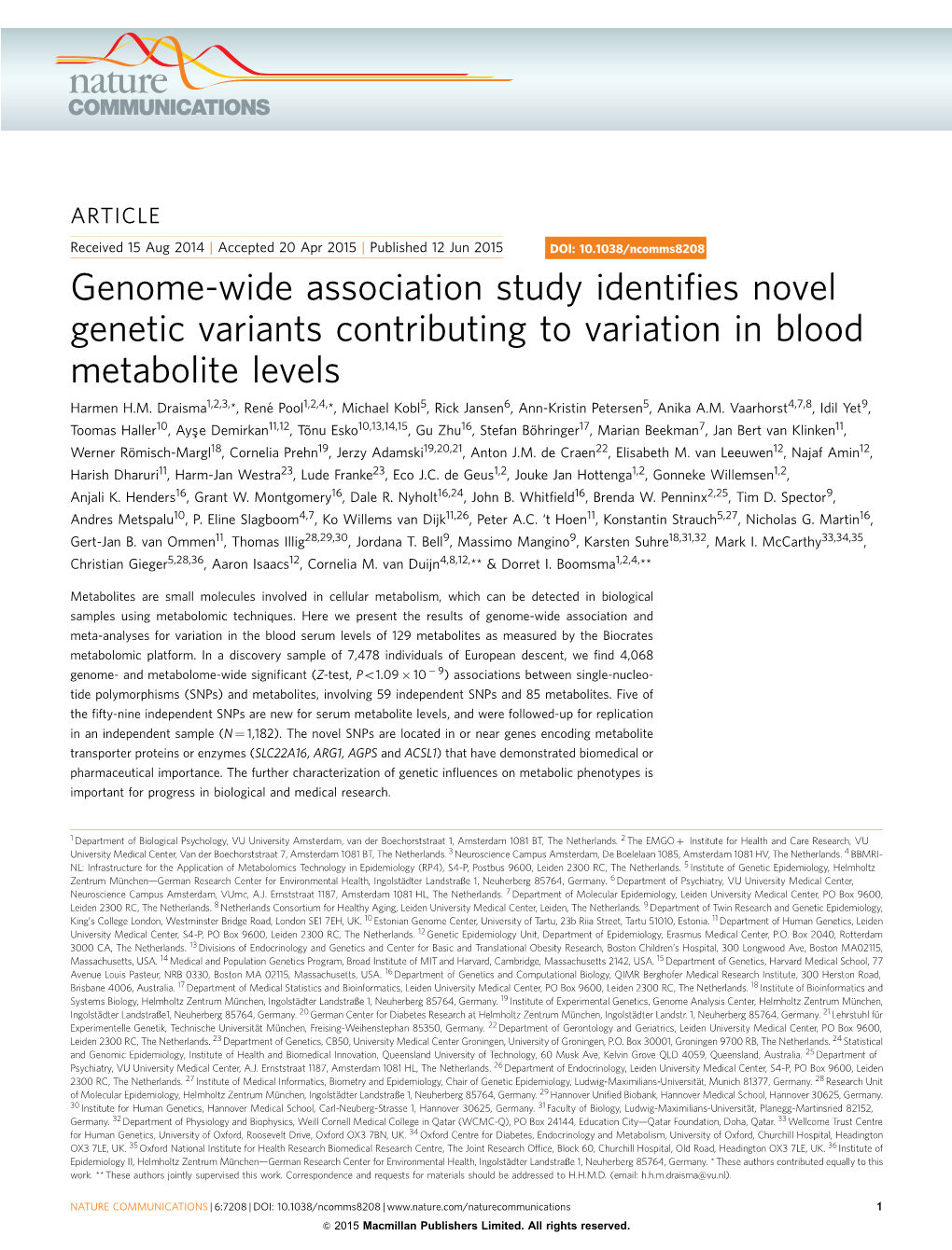 Genome-Wide Association Study Identifies Novel Genetic Variants Contributing to Variation in Blood Metabolite Levels