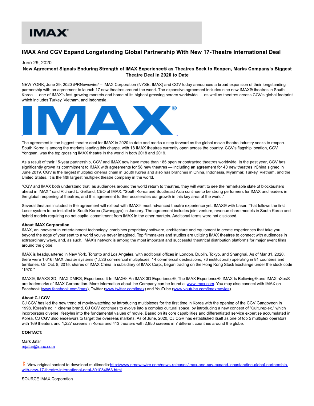 IMAX and CGV Expand Longstanding Global Partnership with New 17-Theatre International Deal