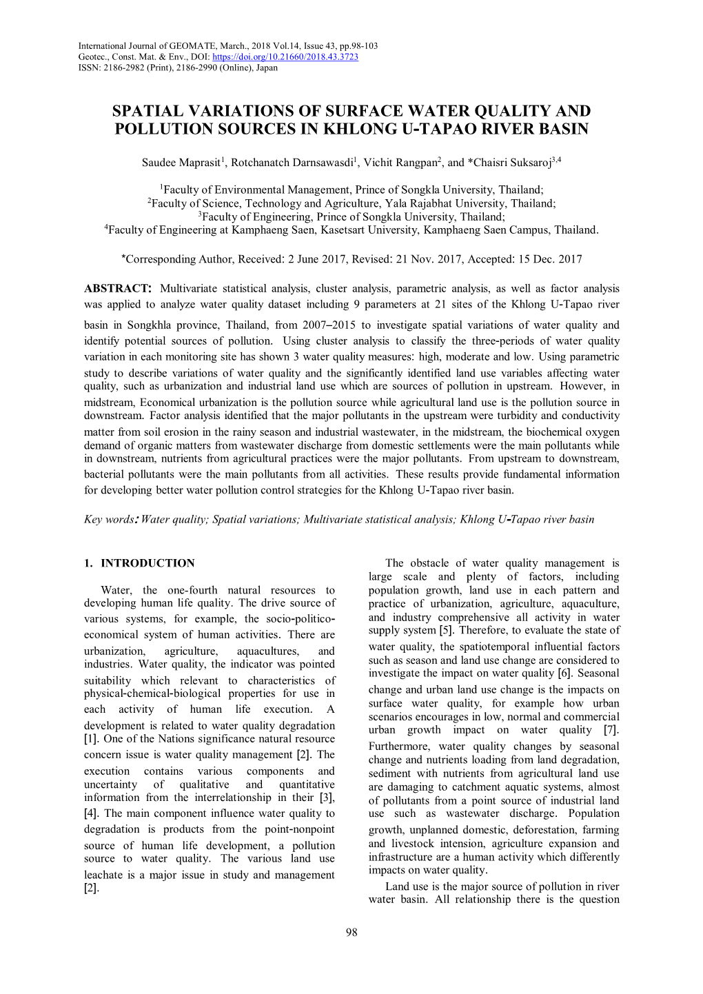 Spatial Variations of Surface Water Quality and Pollution Sources in Khlong U-Tapao River Basin