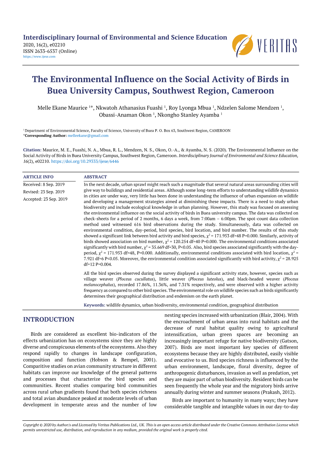 The Environmental Influence on the Social Activity of Birds in Buea University Campus, Southwest Region, Cameroon