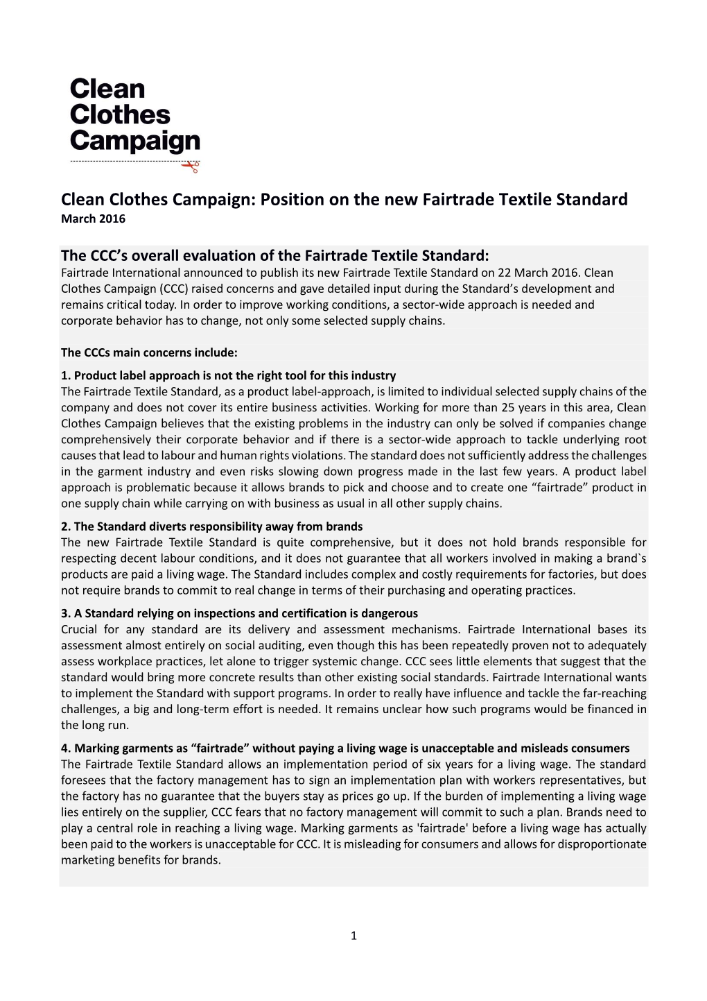 Position on the New Fairtrade Textile Standard March 2016