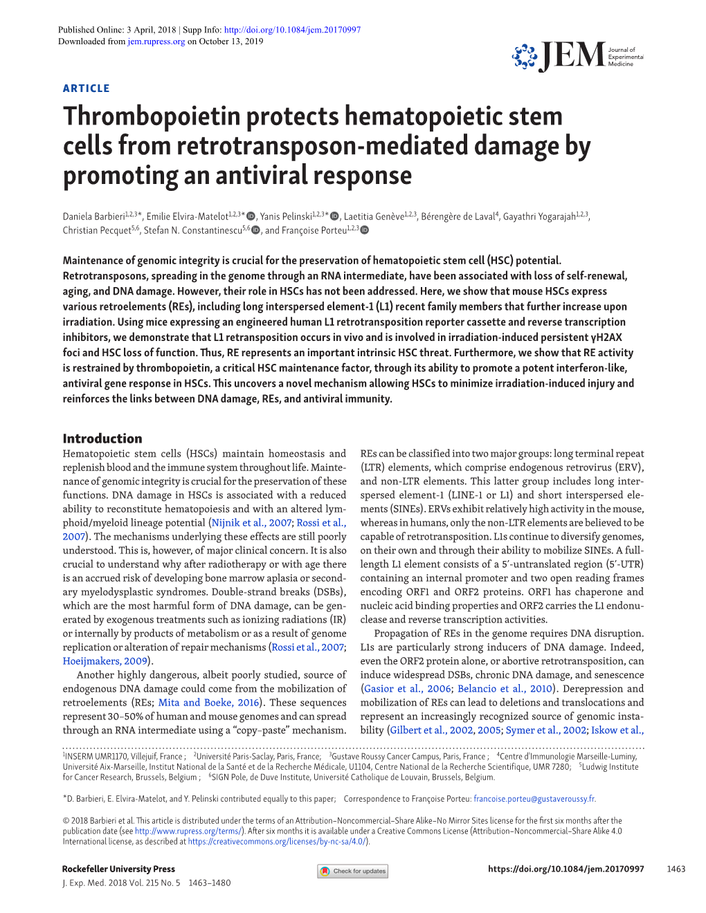 Thrombopoietin Protects Hematopoietic Stem Cells from Retrotransposon-Mediated Damage by Promoting an Antiviral Response