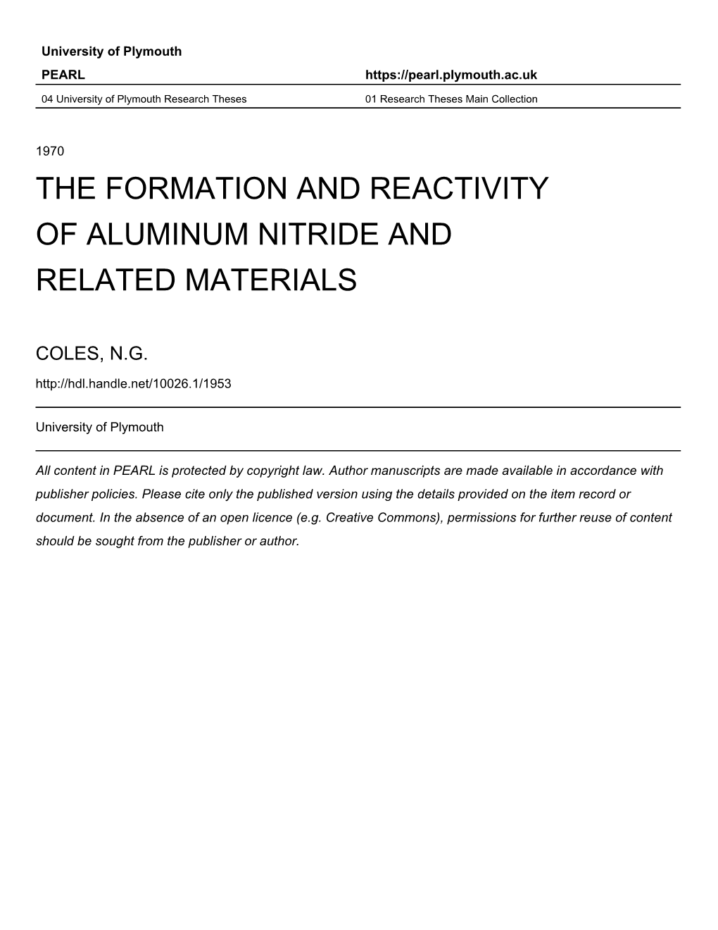 ALUMINIUM NITRIDE and RELATED MATERIALS a Thesis Presented