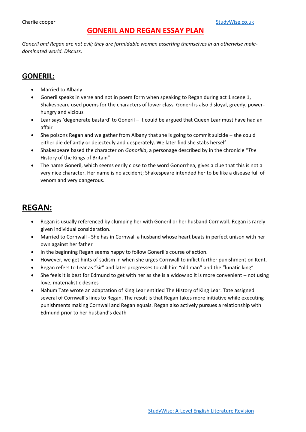 Goneril and Regan Essay Plan