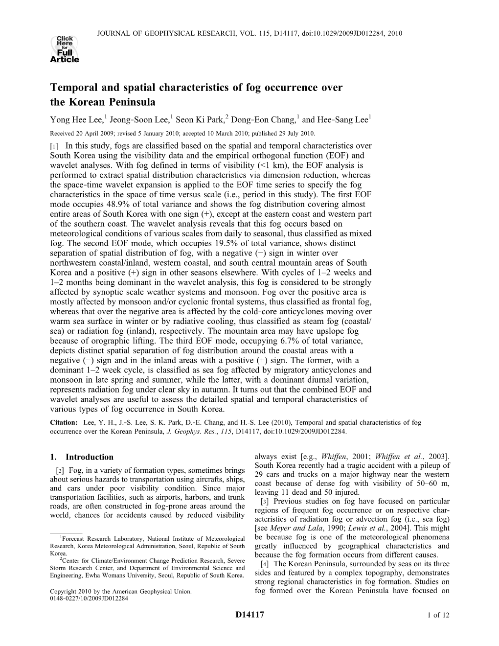 Temporal and Spatial Characteristics of Fog Occurrence Over the Korean