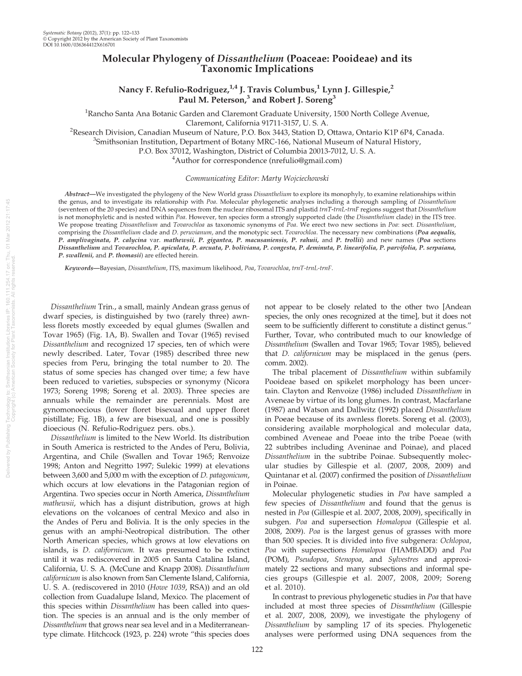 Molecular Phylogeny of Dissanthelium (Poaceae: Pooideae) and Its Taxonomic Implications