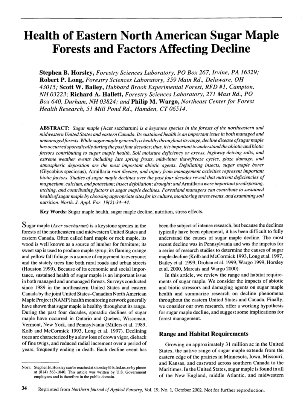 Health of Eastern North American Sugar Maple Forests and Factors Affecting Decline