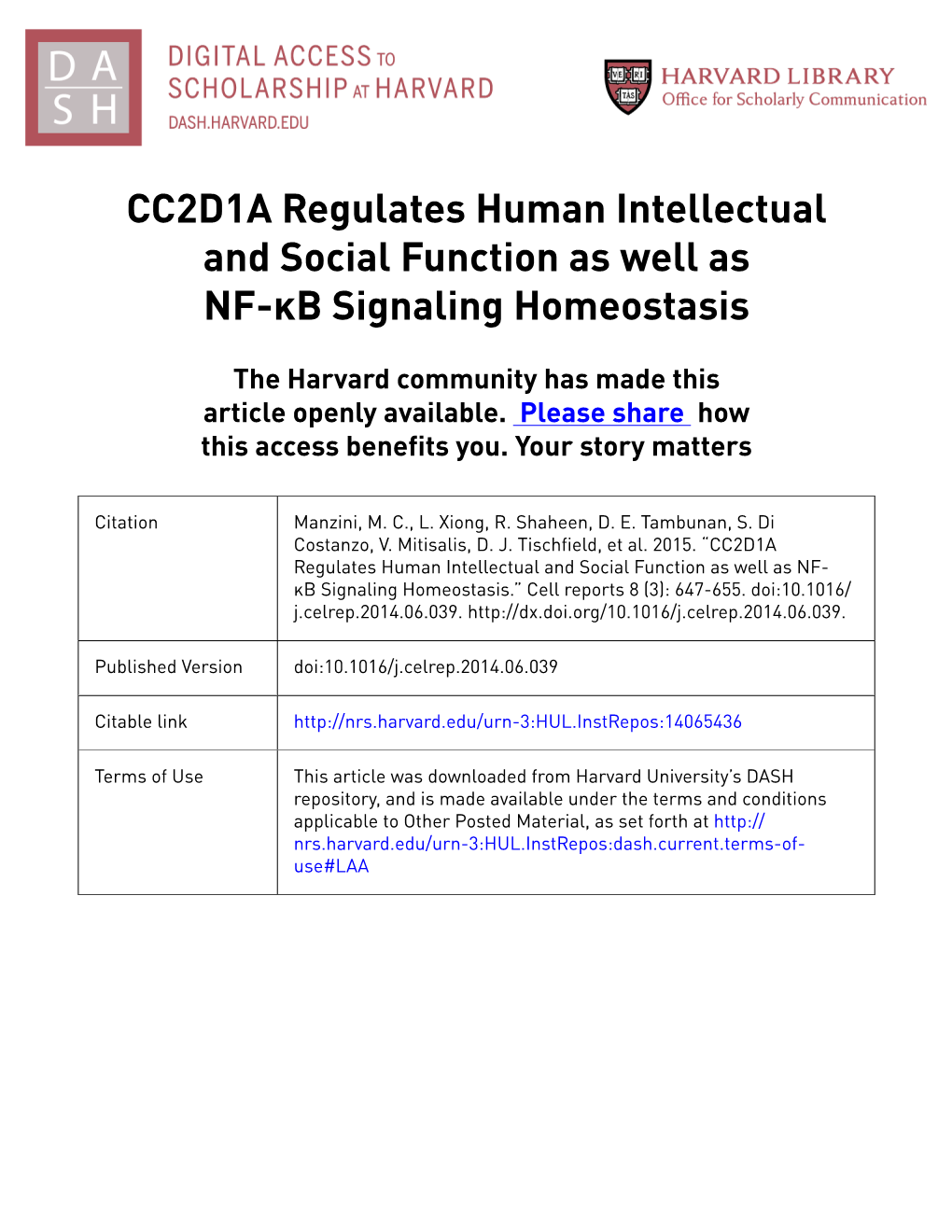 CC2D1A Regulates Human Intellectual and Social Function As Well As NF-Κb Signaling Homeostasis