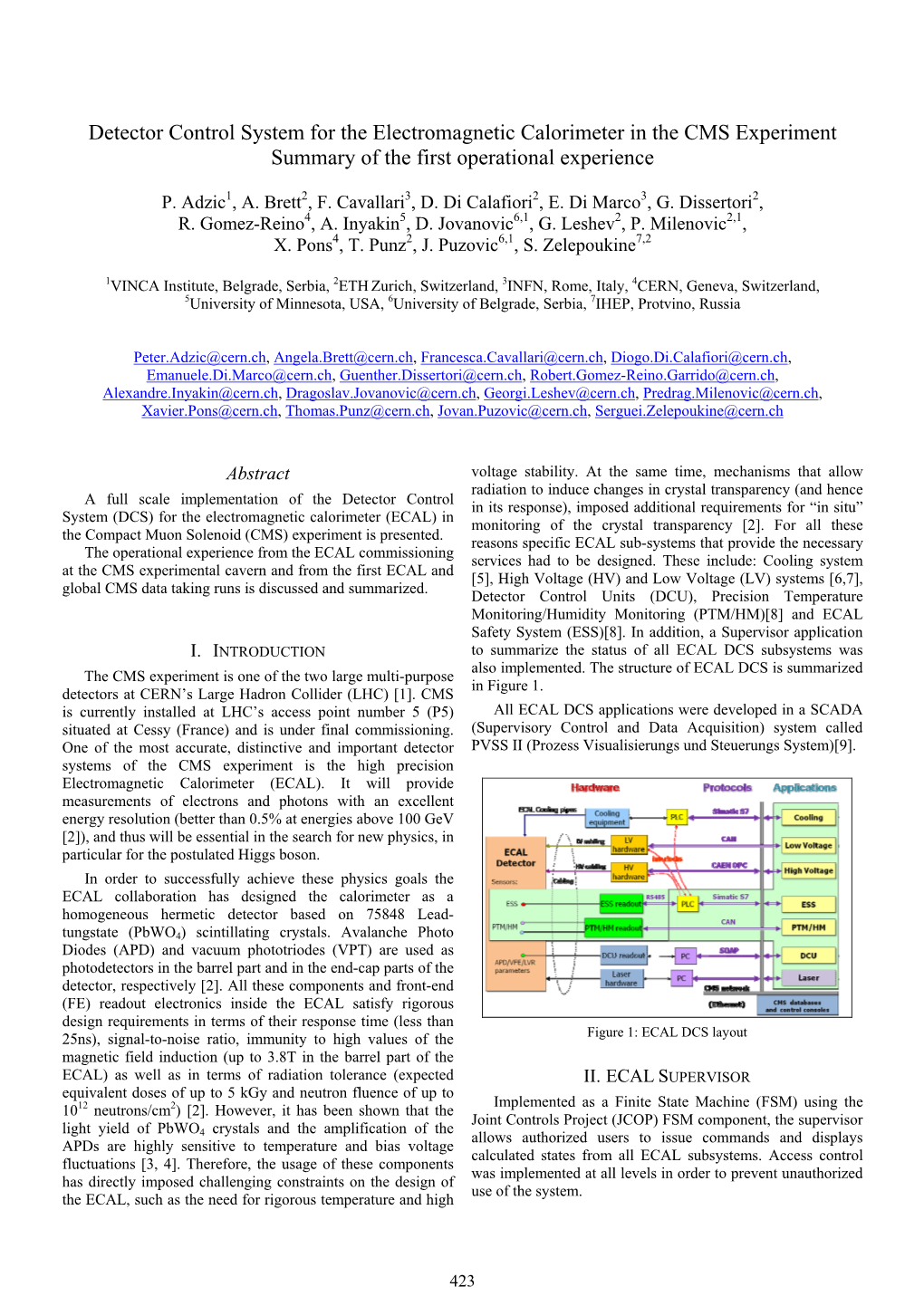 Detector Control System for the Electromagnetic Calorimeter in the CMS Experiment Summary of the First Operational Experience