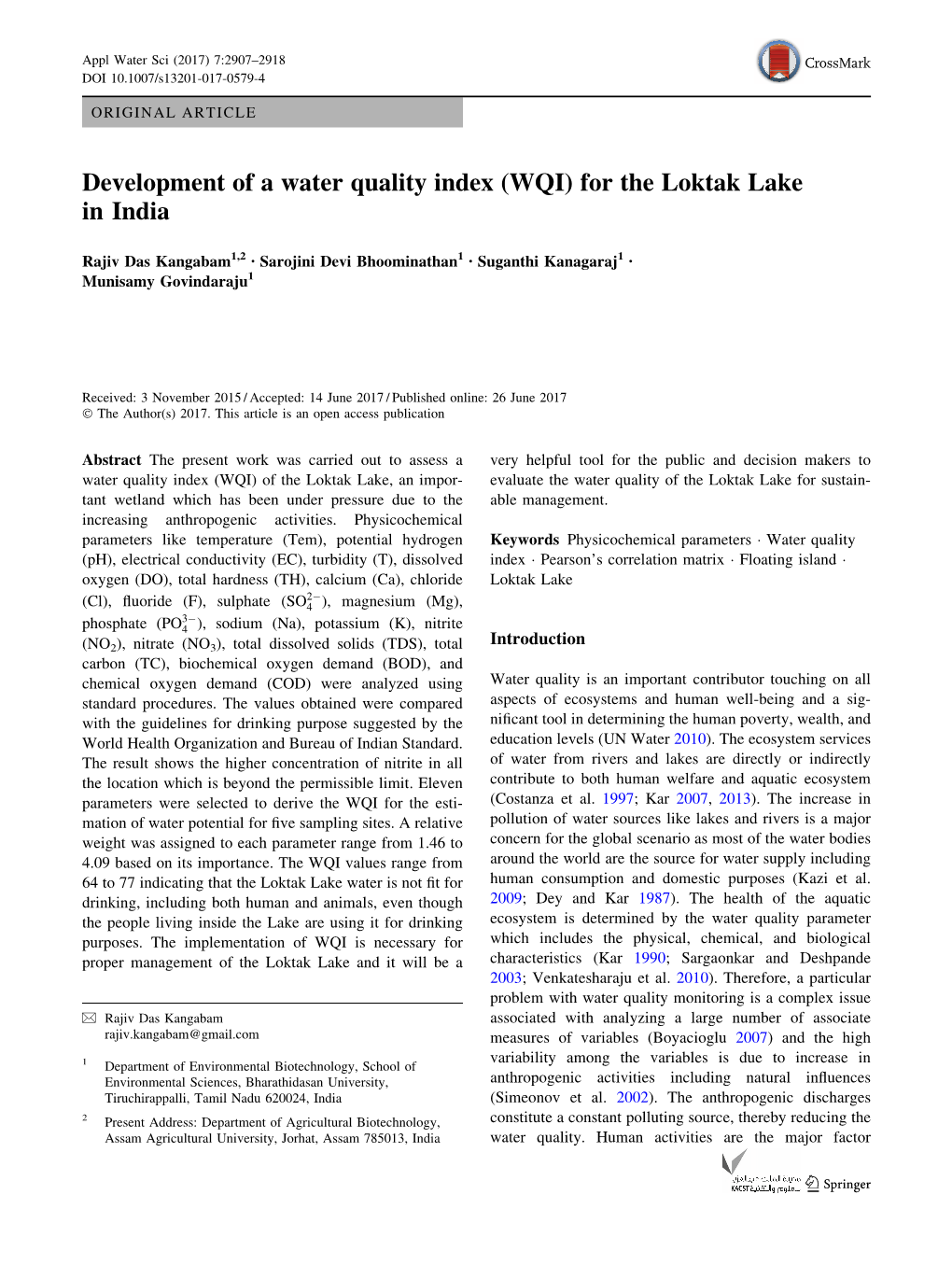 Development of a Water Quality Index (WQI) for the Loktak Lake in India