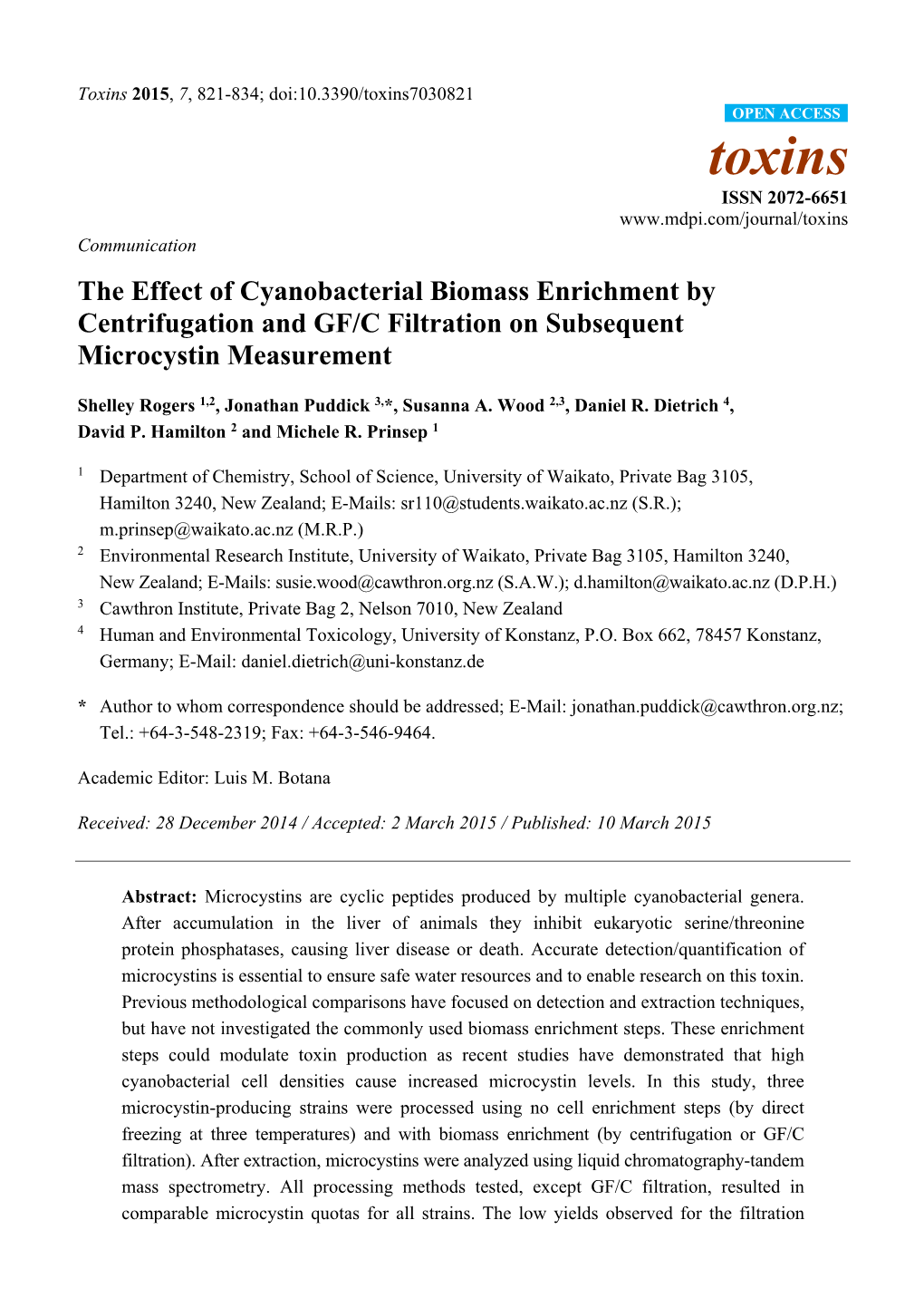 The Effect of Cyanobacterial Biomass Enrichment by Centrifugation and GF/C Filtration on Subsequent Microcystin Measurement