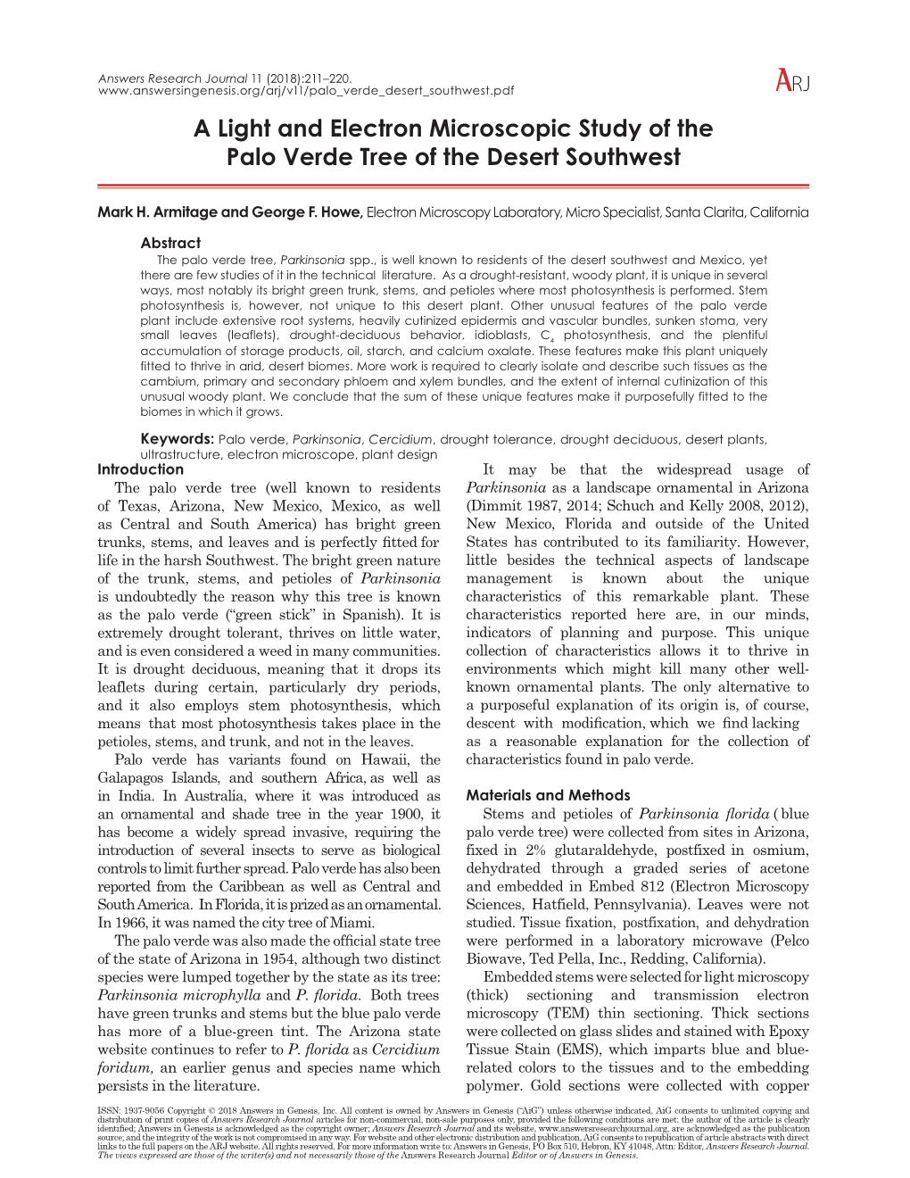 A Light and Electron Microscopic Study of the Palo Verde Tree of the Desert Southwest