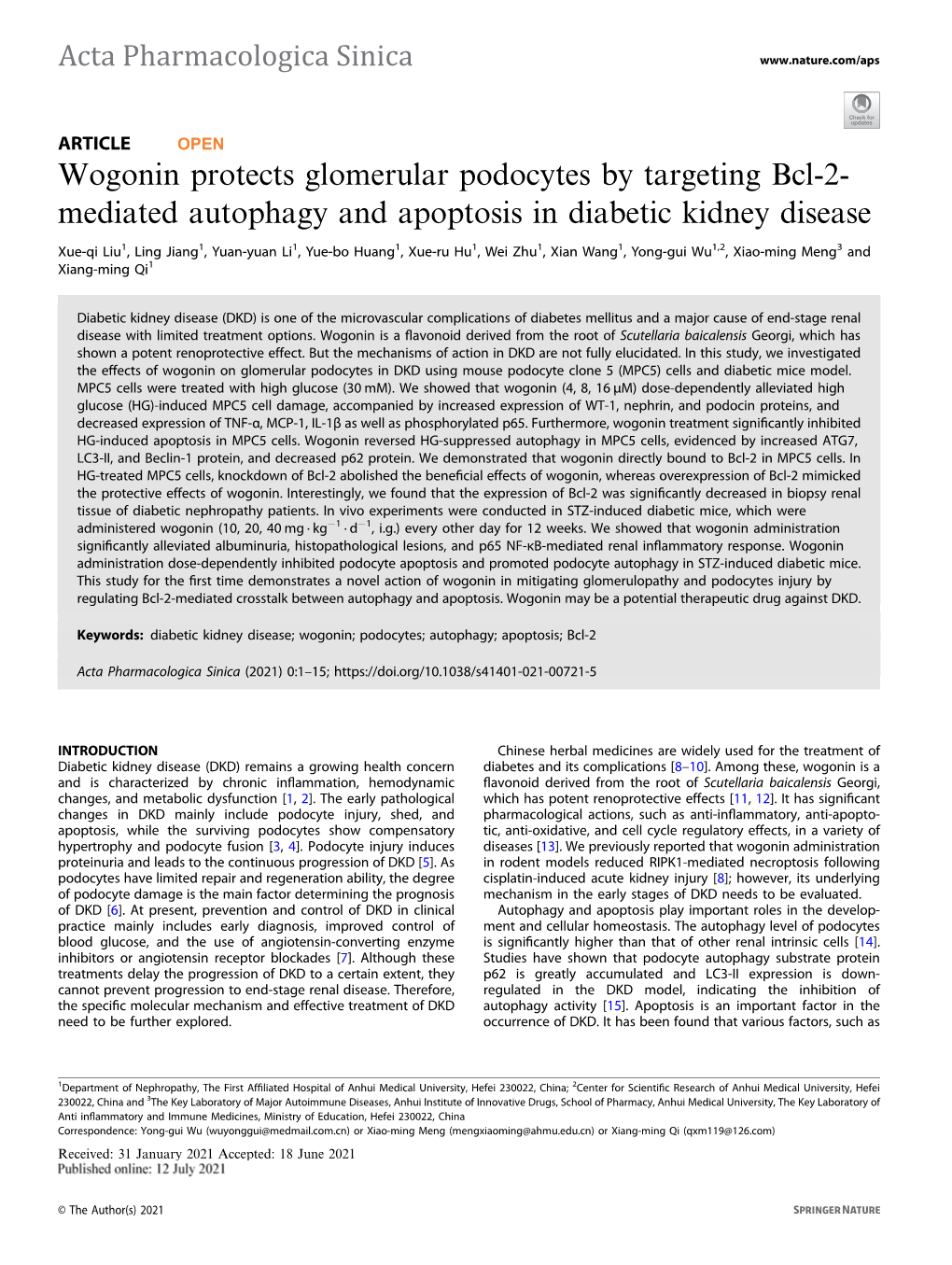 Wogonin Protects Glomerular Podocytes by Targeting Bcl-2- Mediated Autophagy and Apoptosis in Diabetic Kidney Disease