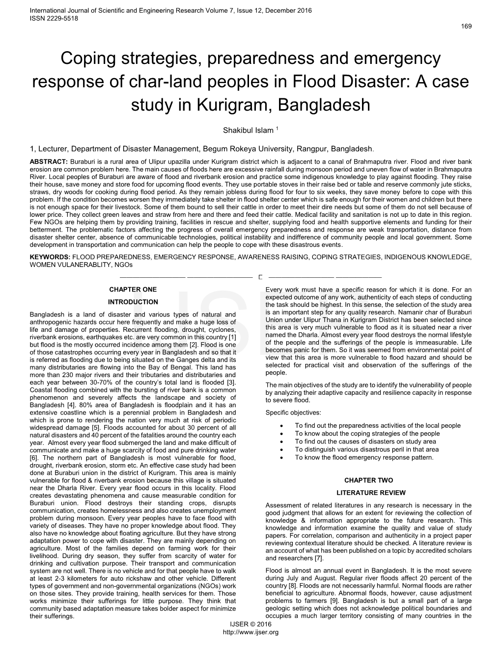 Coping Strategies, Preparedness and Emergency Response of Char-Land Peoples in Flood Disaster: a Case Study in Kurigram, Bangladesh