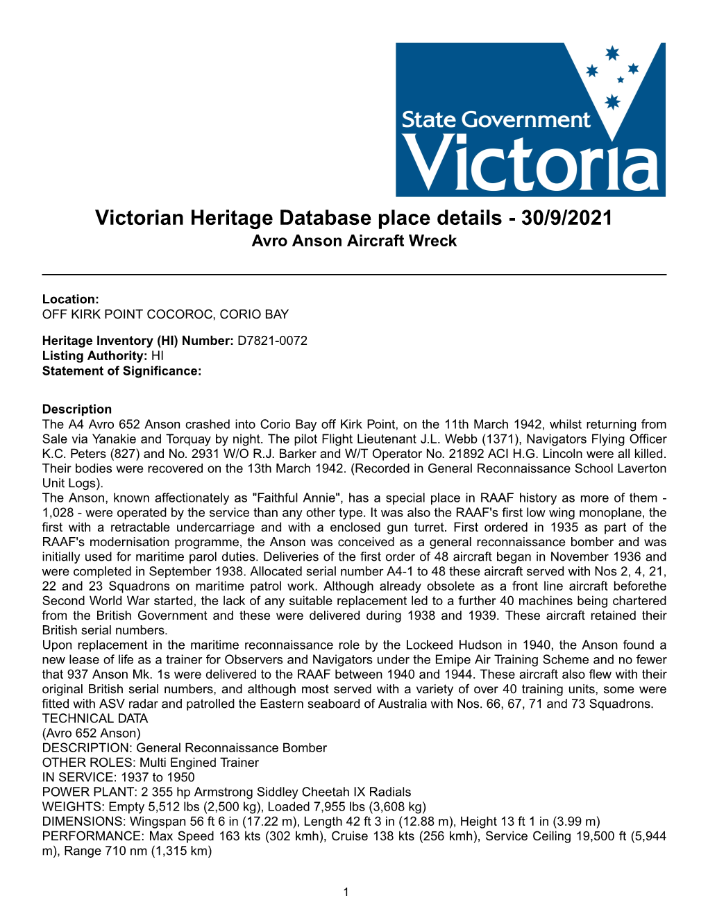 Victorian Heritage Database Place Details - 30/9/2021 Avro Anson Aircraft Wreck