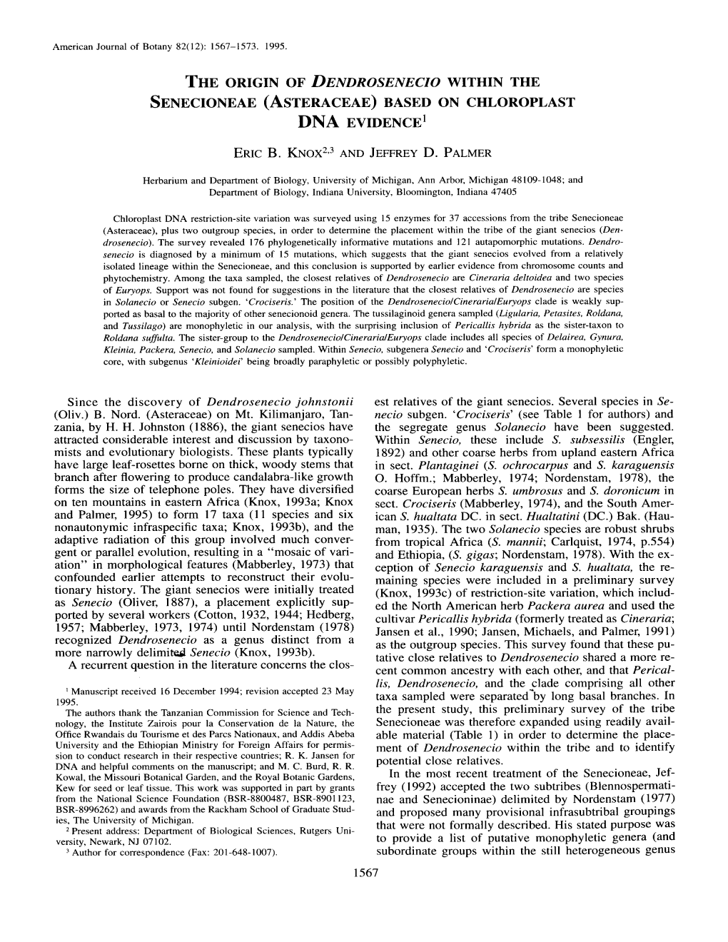 Within the Senecioneae (Asteraceae) Based on Chloroplastdna EV