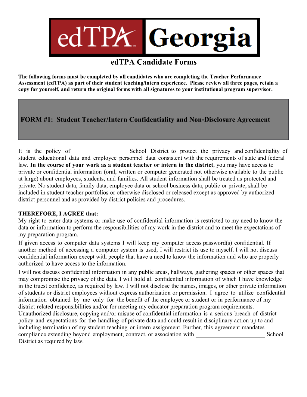 FORM #1: Student Teacher/Intern Confidentiality and Non Disclosure Agreement