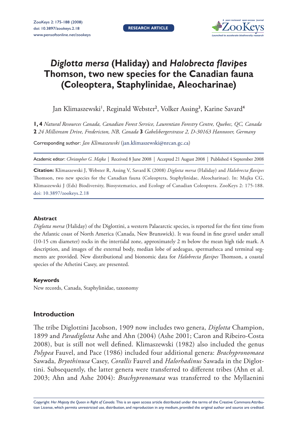 Diglotta Mersa (Haliday) and Halobrecta Flavipes Thomson, Two New Species for the Canadian Fauna (Coleoptera, Staphylinidae, Aleocharinae)