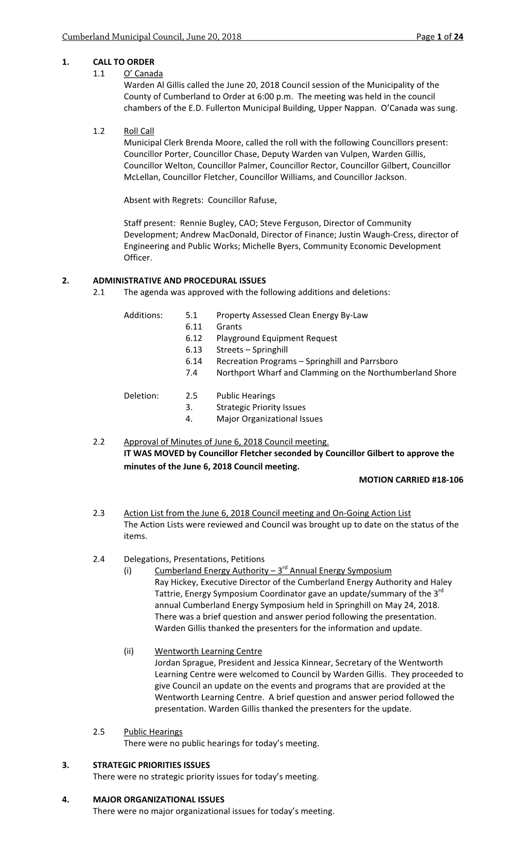 Cumberland Municipal Council, June 20, 2018 Page 1 of 24 1. CALL TO