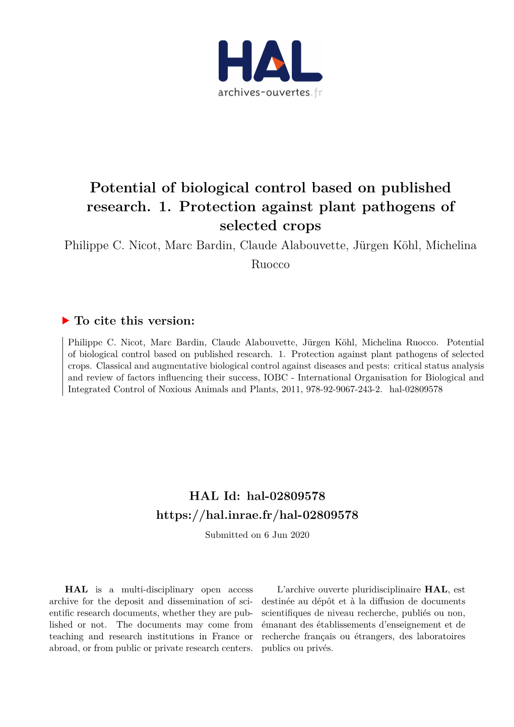 Potential of Biological Control Based on Published Research. 1