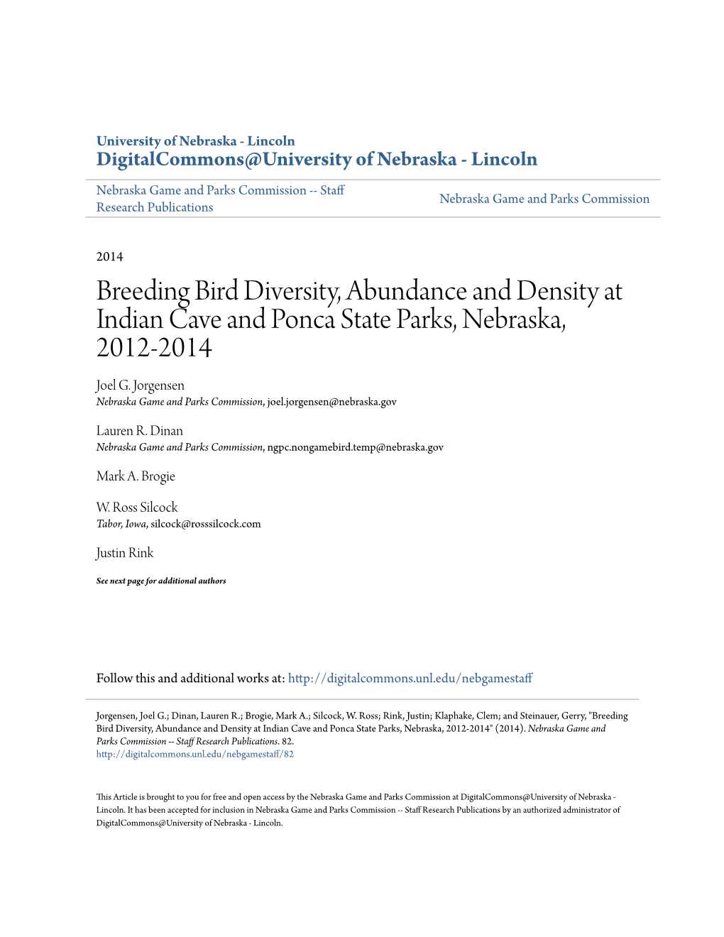 Breeding Bird Diversity, Abundance and Density at Indian Cave and Ponca State Parks, Nebraska, 2012-2014 Joel G