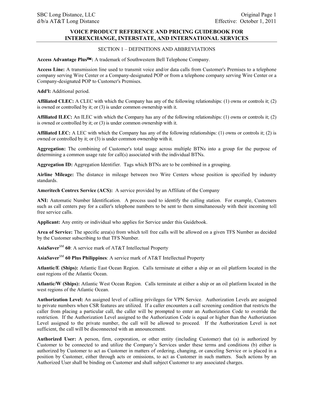 SBC Long Distance, LLC Original Page 1 D/B/A AT&T Long Distance