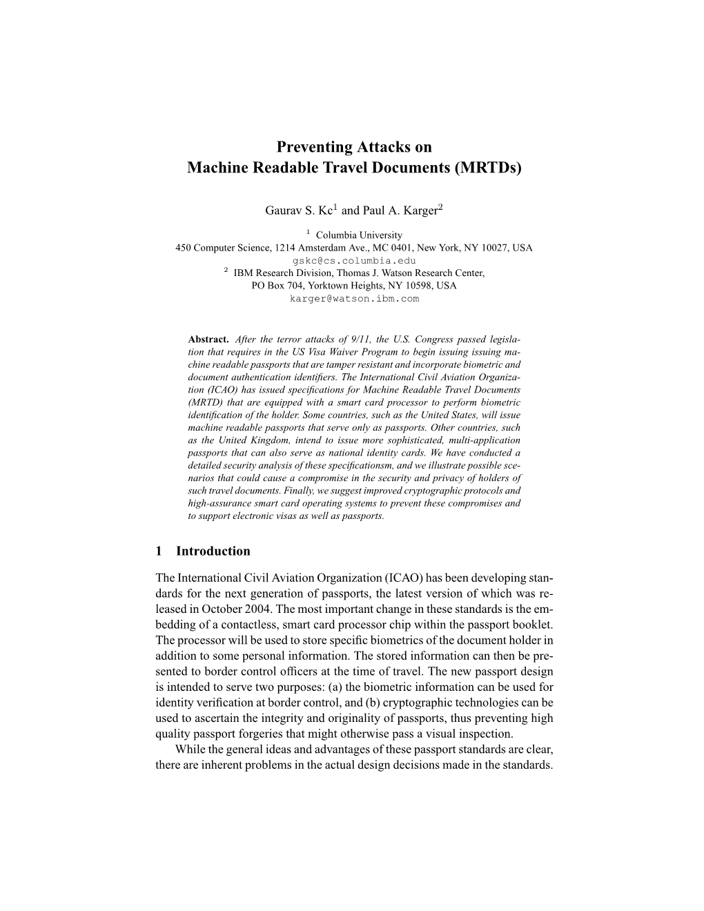 Preventing Attacks on Machine Readable Travel Documents (Mrtds)